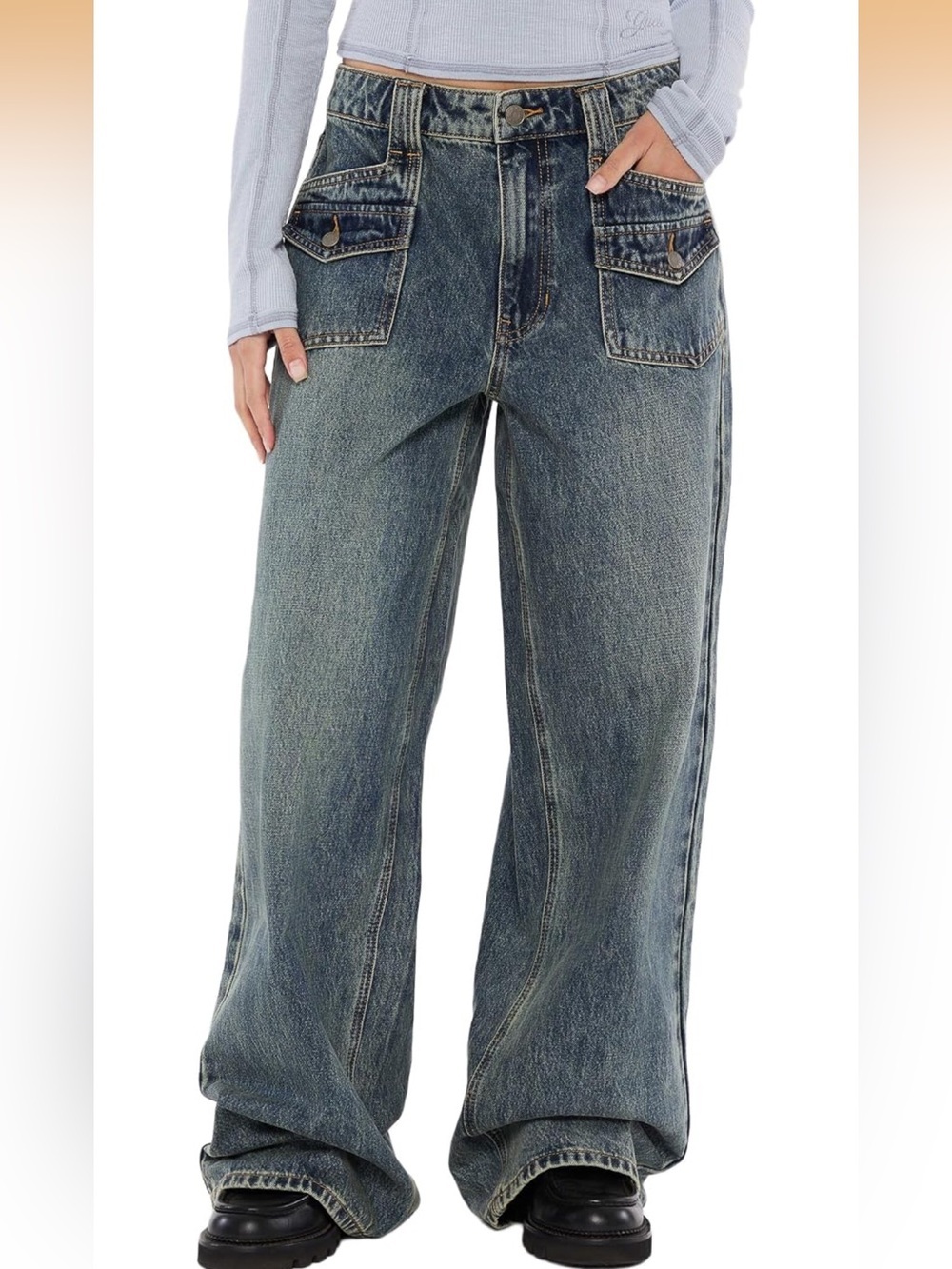 New Guess Washed Blue Wide-Leg Jeans with Flap Pockets SZ 27x32